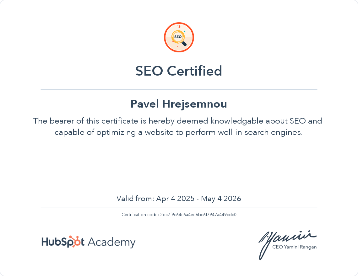SEO certifikace Pavel Hrejsemnou HubSpot Academy