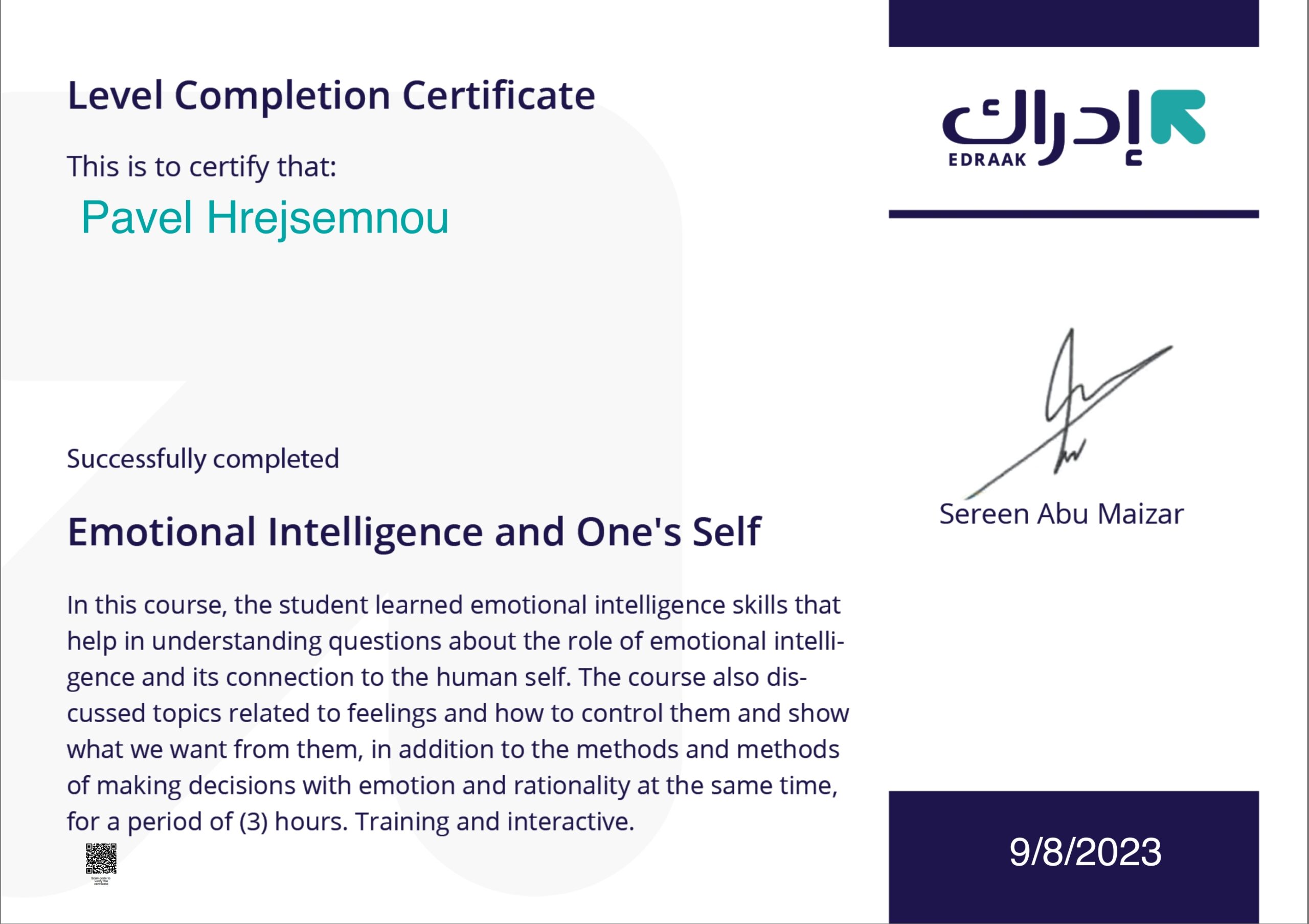 Level Completion Certificate - Emotion Intelligence and One's Self - Pavel Hrejsemnou