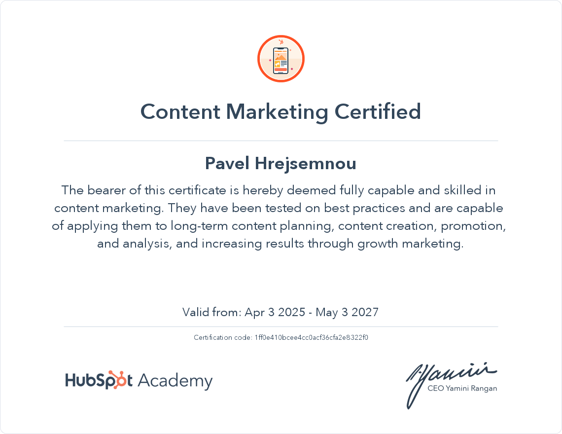 Certifikace Obsahový marketing Pavel Hrejsemnou HubSpot Academy