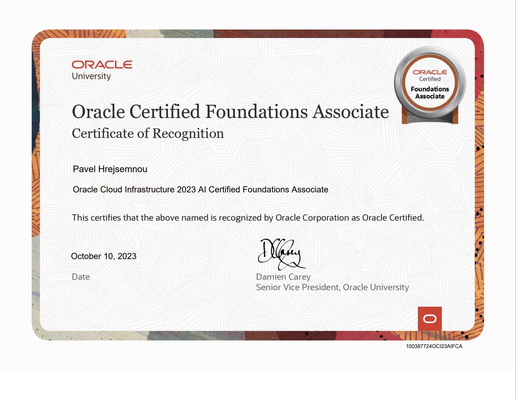 Oracle Certified Foundations Associate Pavel Hrejsemnou
